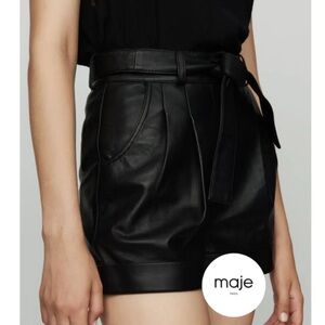 Maje Black High-Waist Leather Tie-Belt Shorts